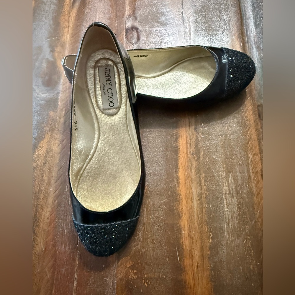 Jimmy Choo Black Glitter Cap Toe Patent Ballet Flats 36.5/US 6.5 New without Box